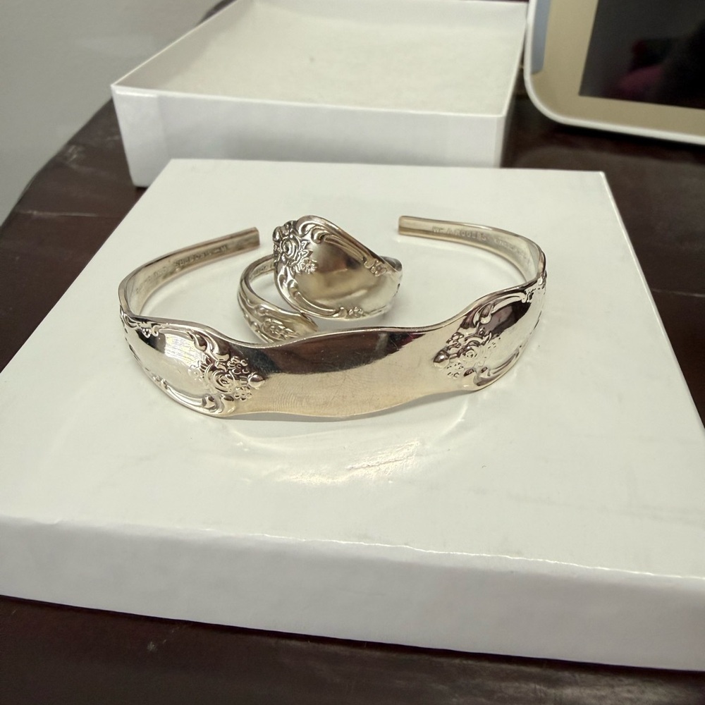 Sterling Silver Spoon Cuff Bracelet and Spoon Ring Set